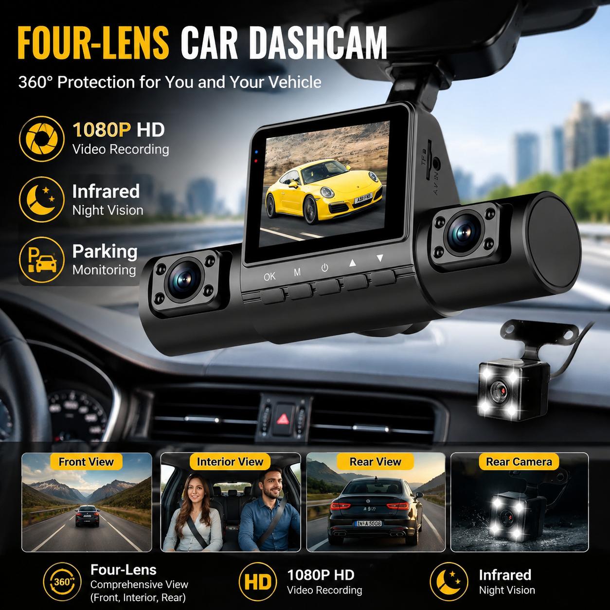 Panoramic Dash Cam 360 - Cámara para Coche con 4 Lentes,